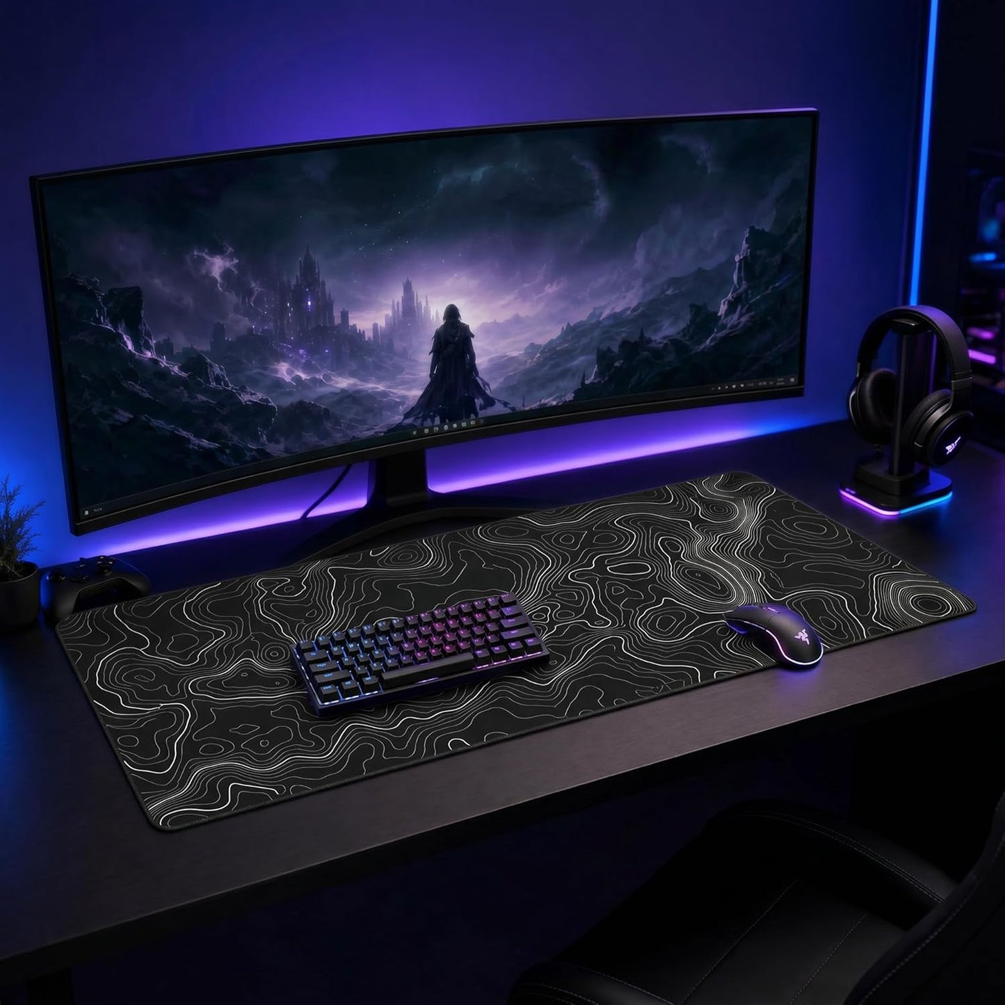 Large Extended Gaming Mouse Pad (35 × 17 in) – XXL Non‑Slip Desk Mat with Topographic Map Contour Design for Office, Laptop, and Gaming