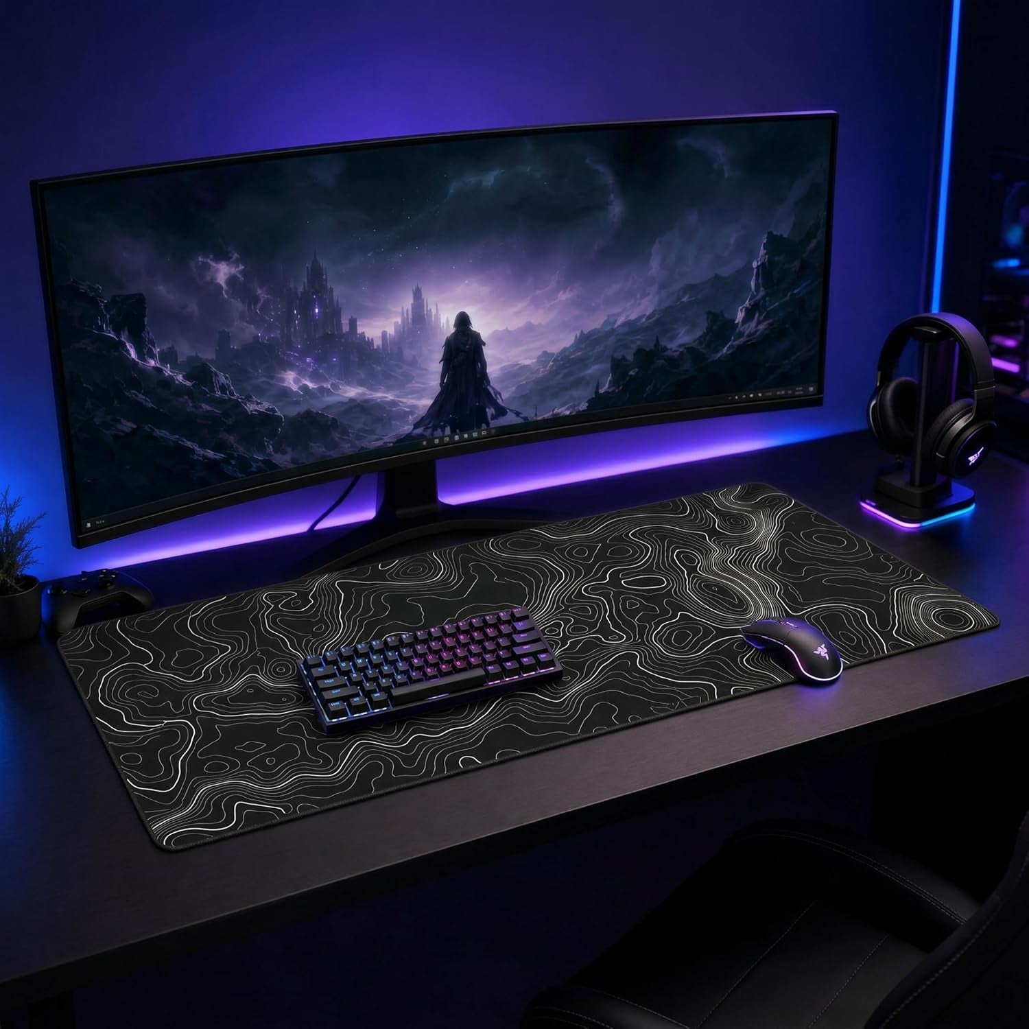 Large Extended Gaming Mouse Pad (35 × 17 in) – XXL Non‑Slip Desk Mat with Topographic Map Contour Design for Office, Laptop, and Gaming