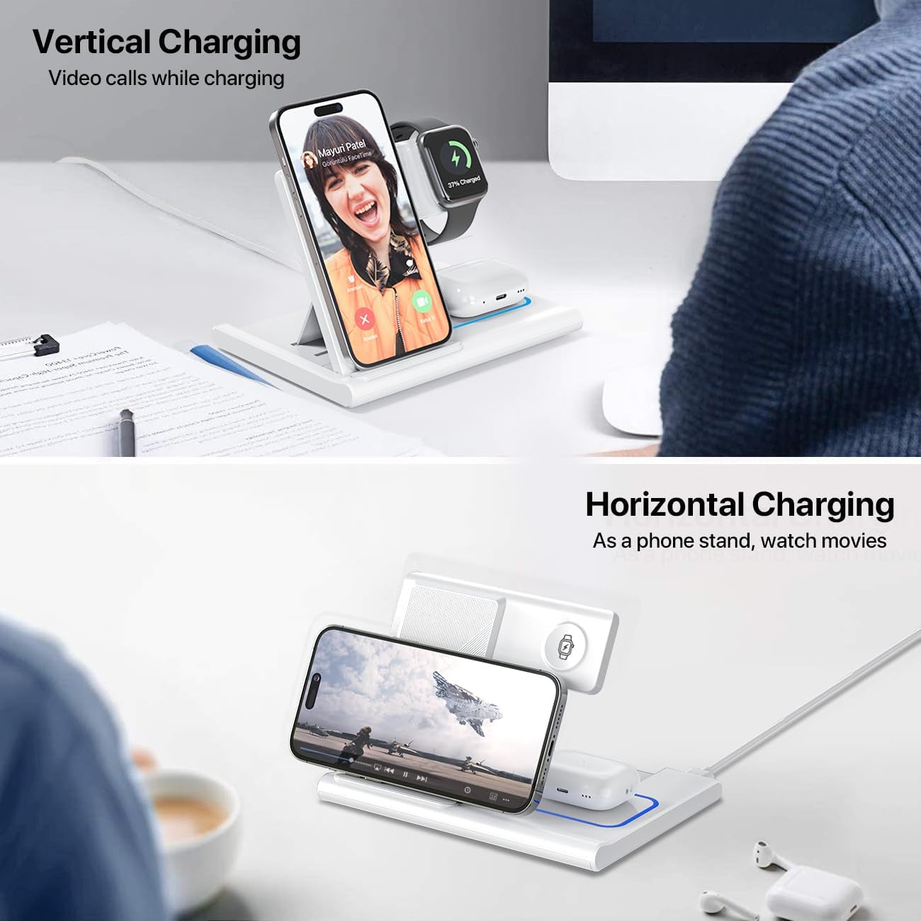 Foldable 3‑in‑1 Wireless Charging Station – Fast Qi Induction Charger Compatible with iPhone 13/12/11 Pro Max, XR, XS Max, X, 8 Plus and Apple Watch Series (White)