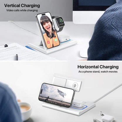 Foldable 3‑in‑1 Wireless Charging Station – Fast Qi Induction Charger Compatible with iPhone 13/12/11 Pro Max, XR, XS Max, X, 8 Plus and Apple Watch Series (White)