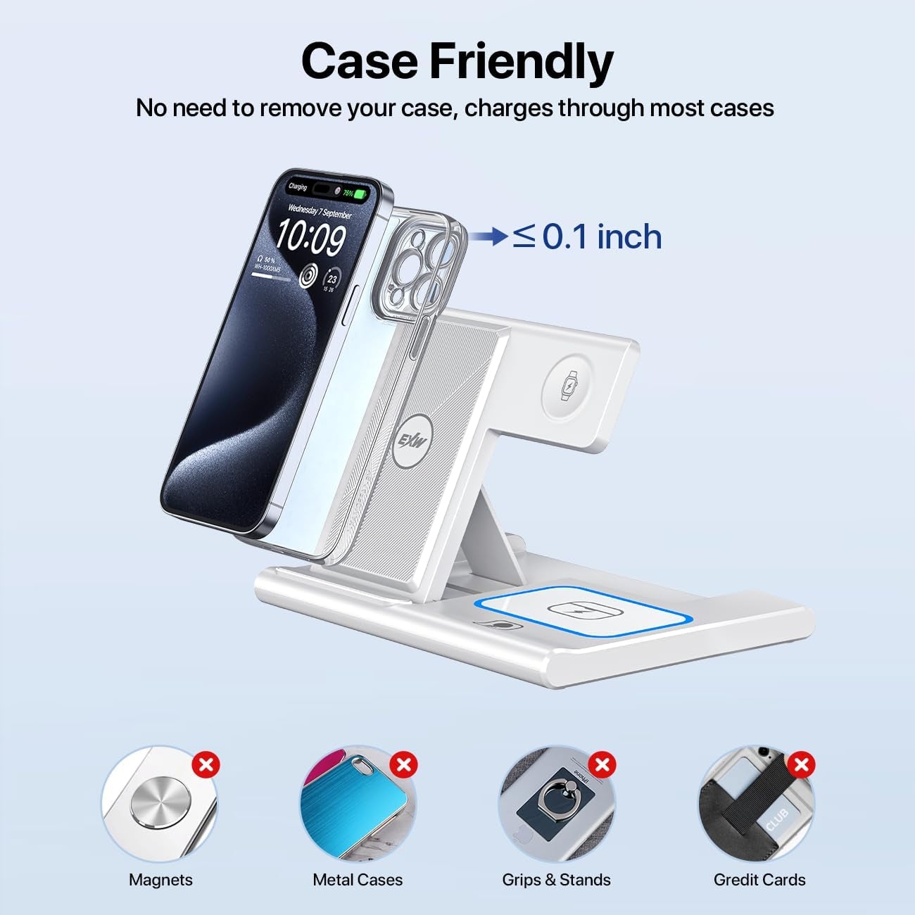 Foldable 3‑in‑1 Wireless Charging Station – Fast Qi Induction Charger Compatible with iPhone 13/12/11 Pro Max, XR, XS Max, X, 8 Plus and Apple Watch Series (White)