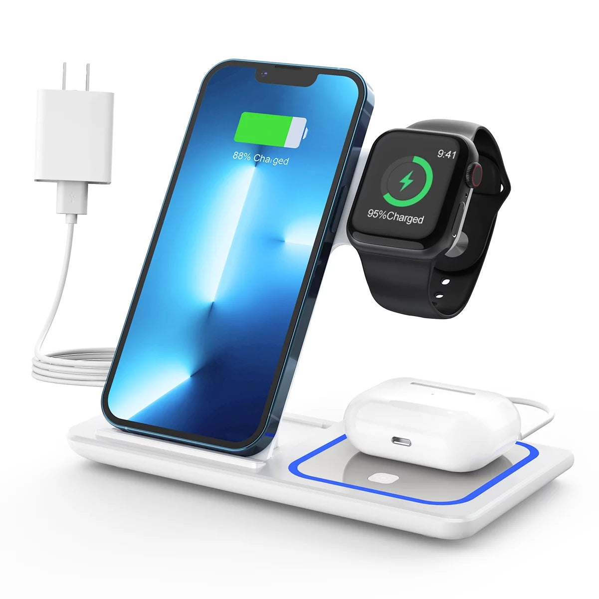 3‑in‑1 Wireless Charging Station with Breathing LED Indicator – Fast Charging Dock Compatible with iPhone 17/16/15/14/13/12/11 Pro Max/XS, Apple Watch Series 10–4, and AirPods 4/3/2/Pro