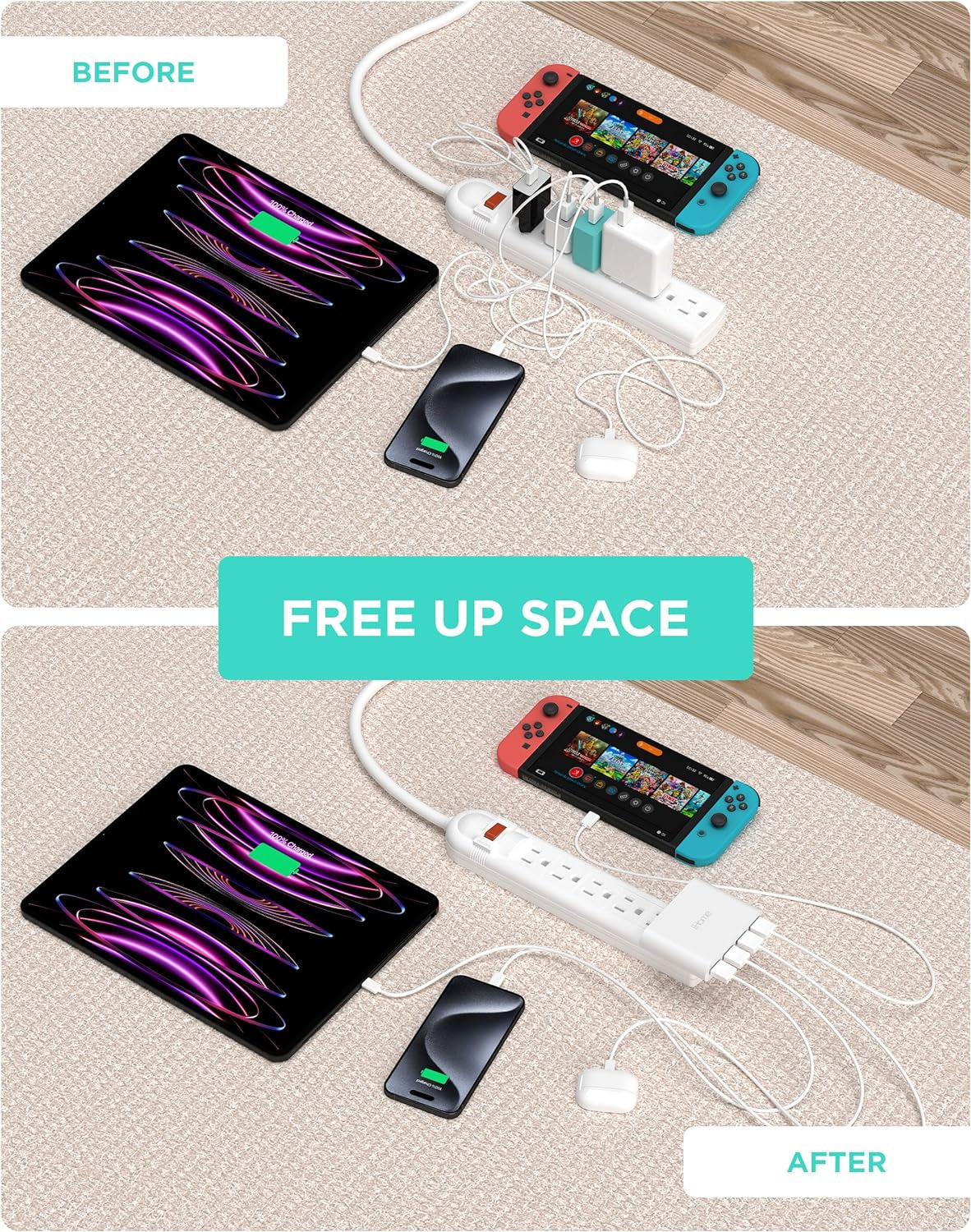 Slim 4‑Port USB Wall Charger – Flat Multi‑Port AC Charging Block for Home and Travel
