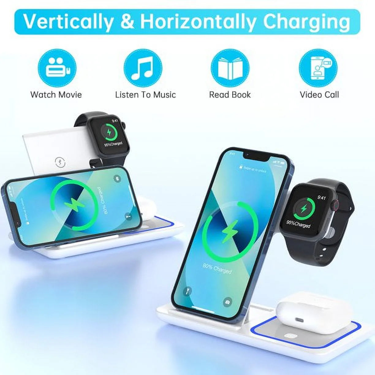 3‑in‑1 Wireless Charging Station with Breathing LED Indicator – Fast Charging Dock Compatible with iPhone 17/16/15/14/13/12/11 Pro Max/XS, Apple Watch Series 10–4, and AirPods 4/3/2/Pro