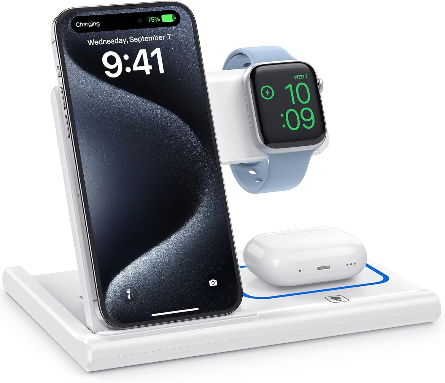 Foldable 3‑in‑1 Wireless Charging Station – Fast Qi Induction Charger Compatible with iPhone 13/12/11 Pro Max, XR, XS Max, X, 8 Plus and Apple Watch Series (White)