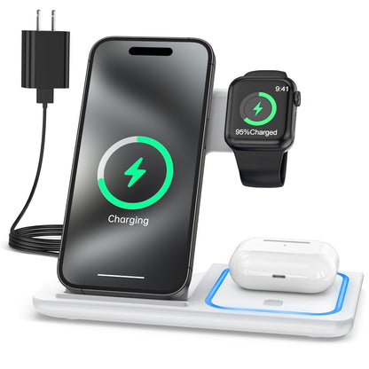 3‑in‑1 Wireless Charging Station with Breathing LED Indicator – Fast Charging Dock Compatible with iPhone 17/16/15/14/13/12/11 Pro Max/XS, Apple Watch Series 10–4, and AirPods 4/3/2/Pro