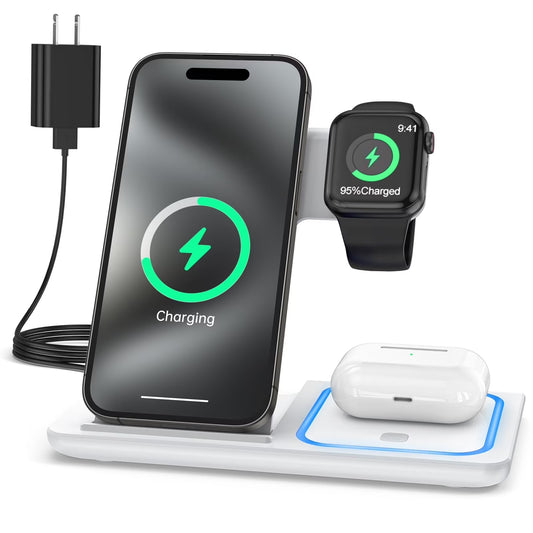 3‑in‑1 Wireless Charging Station with Breathing LED Indicator – Fast Charging Dock Compatible with iPhone 17/16/15/14/13/12/11 Pro Max/XS, Apple Watch Series 10–4, and AirPods 4/3/2/Pro