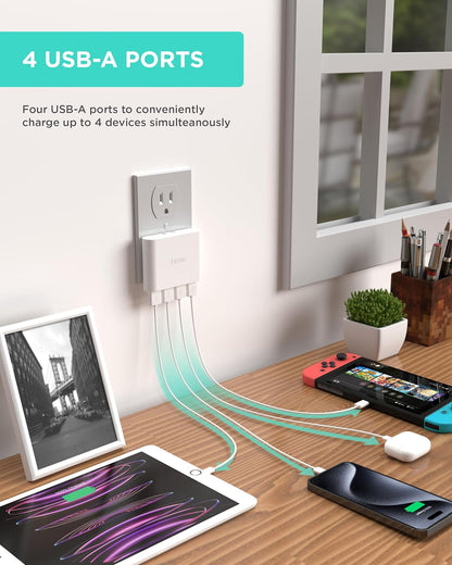 Slim 4‑Port USB Wall Charger – Flat Multi‑Port AC Charging Block for Home and Travel
