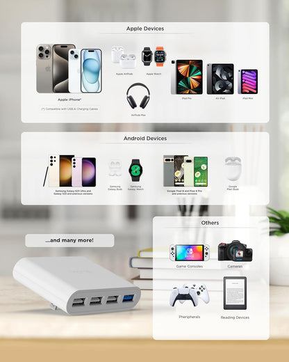 Slim 4‑Port USB Wall Charger – Flat Multi‑Port AC Charging Block for Home and Travel