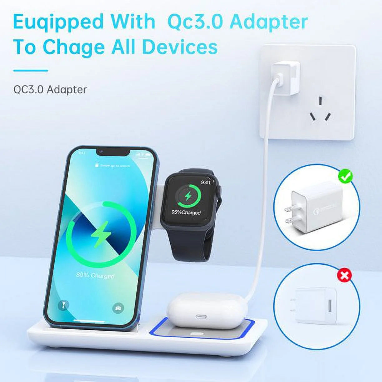 3‑in‑1 Wireless Charging Station with Breathing LED Indicator – Fast Charging Dock Compatible with iPhone 17/16/15/14/13/12/11 Pro Max/XS, Apple Watch Series 10–4, and AirPods 4/3/2/Pro